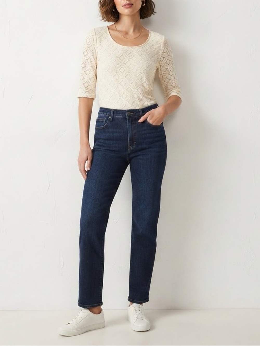 BANANA REPUBLIC Cream White Lace Blouse Diamond Crochet Elbow Sleeve Top Sz S❤️